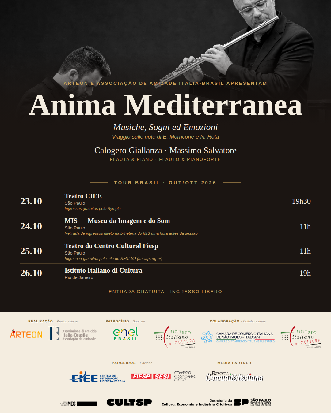 Anima Mediterranea – Calogero Giallanza e Massimo Salvatore, turnê Brasil 2026